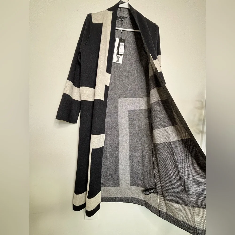 BN9 Vertigo Colorblock Long Cardigan Open Knit Black XS NWT‎